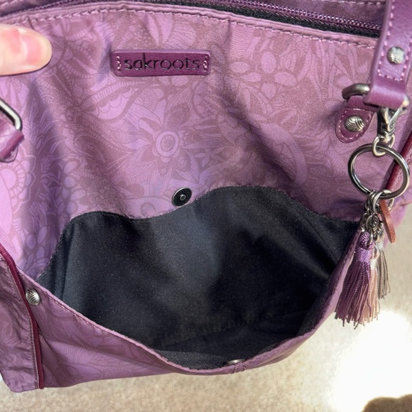 new Sakroots metro tote purple floral recycled vegan medium owl charm tassle - Picture 10 of 14